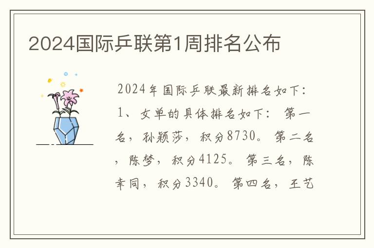 2024国际乒联第1周排名公布