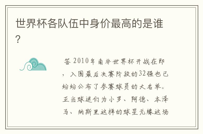 世界杯各队伍中身价最高的是谁？