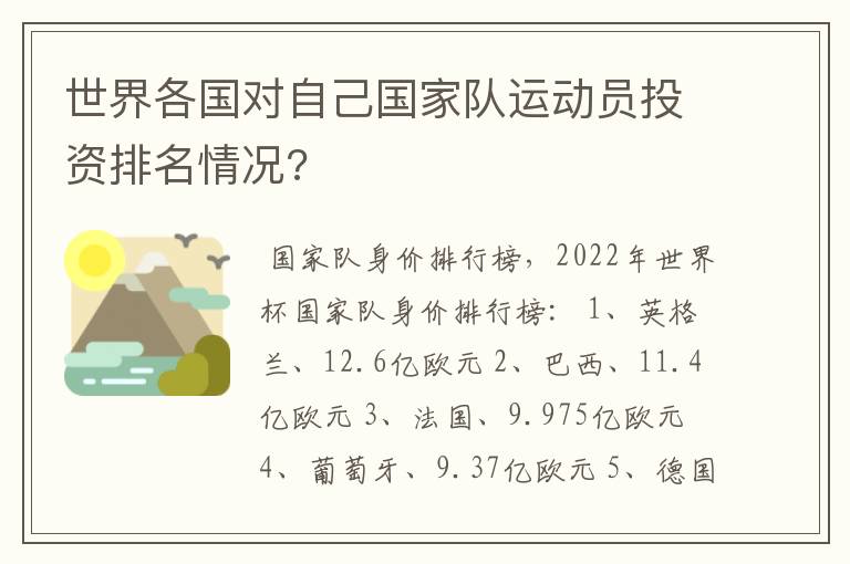 世界各国对自己国家队运动员投资排名情况?