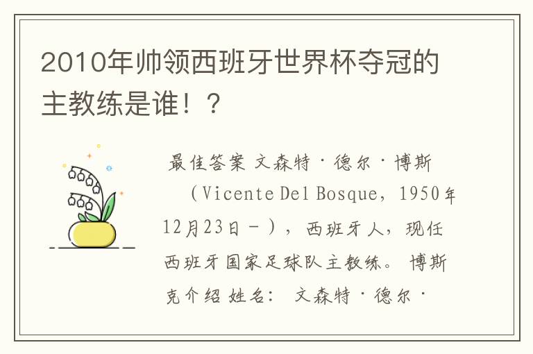 2010年帅领西班牙世界杯夺冠的主教练是谁！？