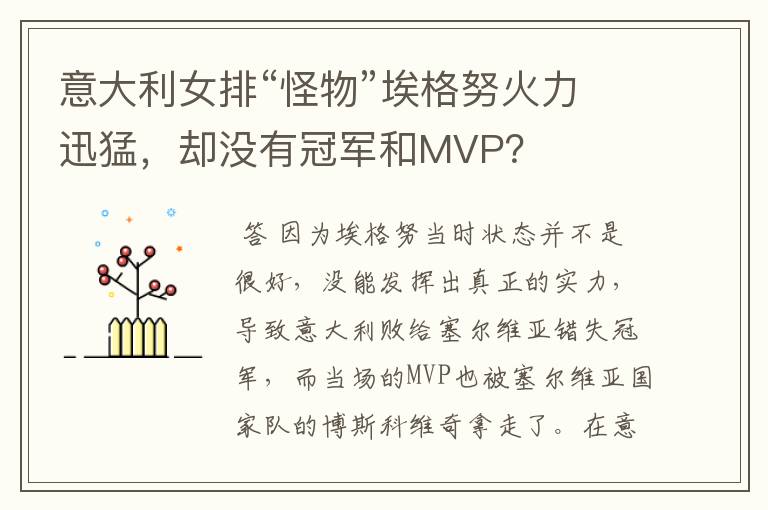 意大利女排“怪物”埃格努火力迅猛，却没有冠军和MVP？