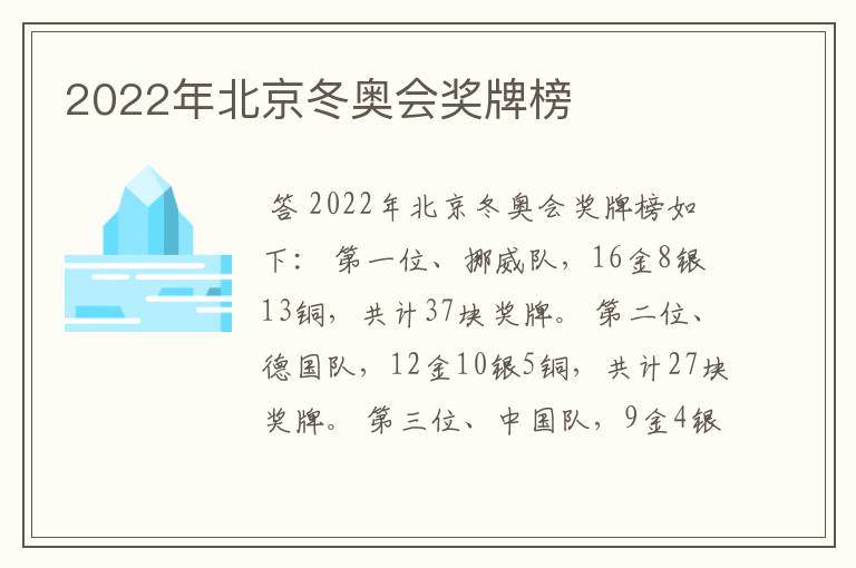 2022年北京冬奥会奖牌榜