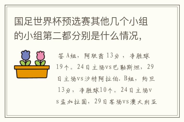 国足世界杯预选赛其他几个小组的小组第二都分别是什么情况，赛程和净胜球都是则么样的