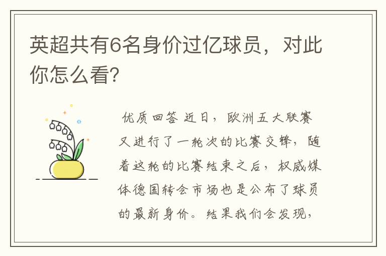 英超共有6名身价过亿球员，对此你怎么看？