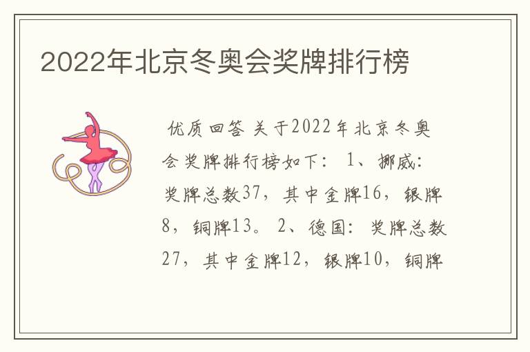 2022年北京冬奥会奖牌排行榜