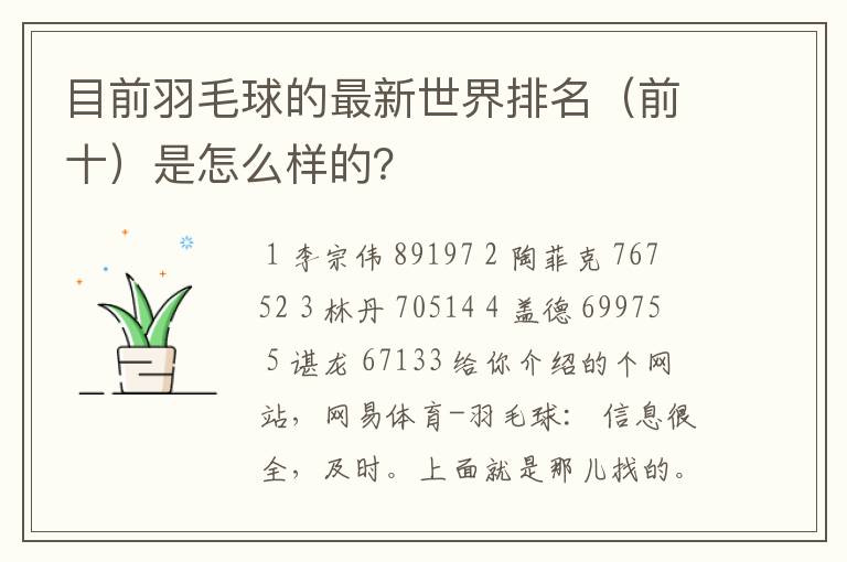 目前羽毛球的最新世界排名（前十）是怎么样的？