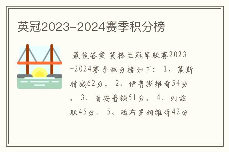 英冠2023-2024赛季积分榜