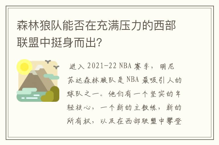 森林狼队能否在充满压力的西部联盟中挺身而出？