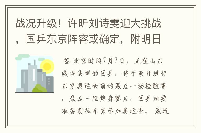 战况升级！许昕刘诗雯迎大挑战，国乒东京阵容或确定，附明日赛程