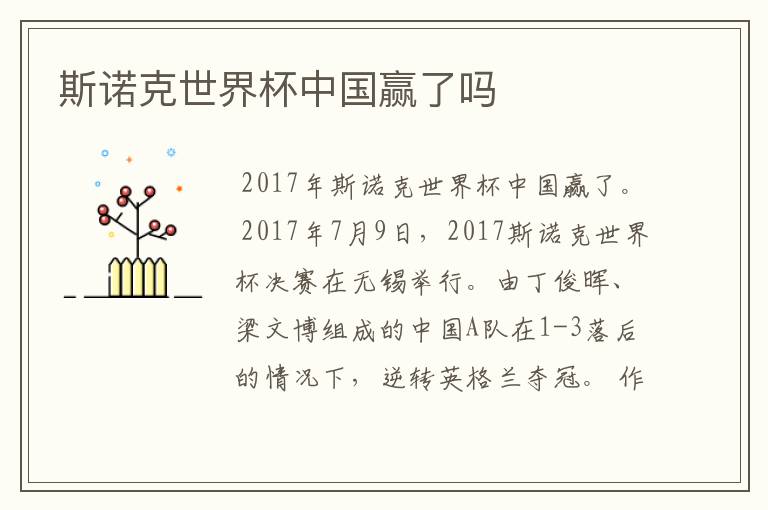 斯诺克世界杯中国赢了吗