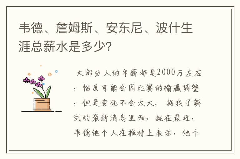 韦德、詹姆斯、安东尼、波什生涯总薪水是多少？