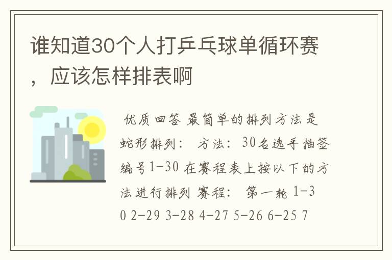 谁知道30个人打乒乓球单循环赛，应该怎样排表啊