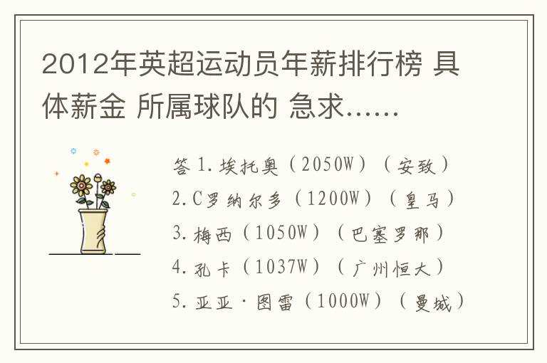 2012年英超运动员年薪排行榜 具体薪金 所属球队的 急求……