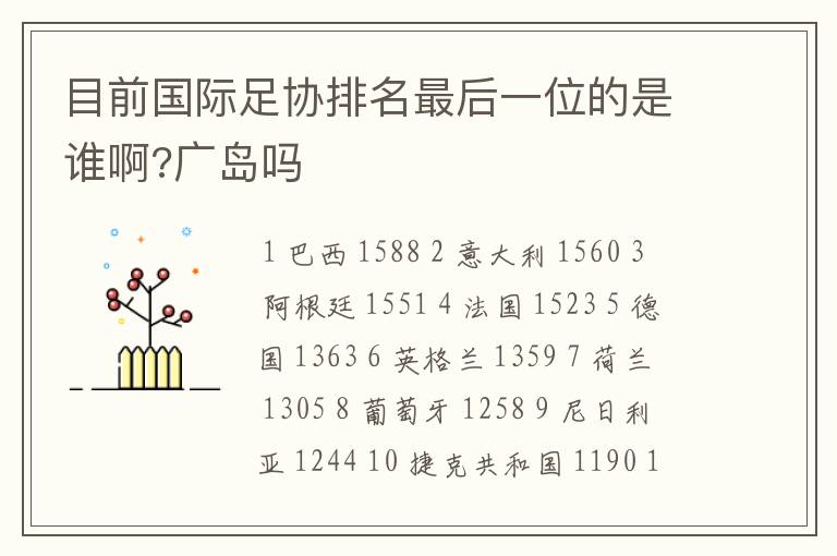 目前国际足协排名最后一位的是谁啊?广岛吗