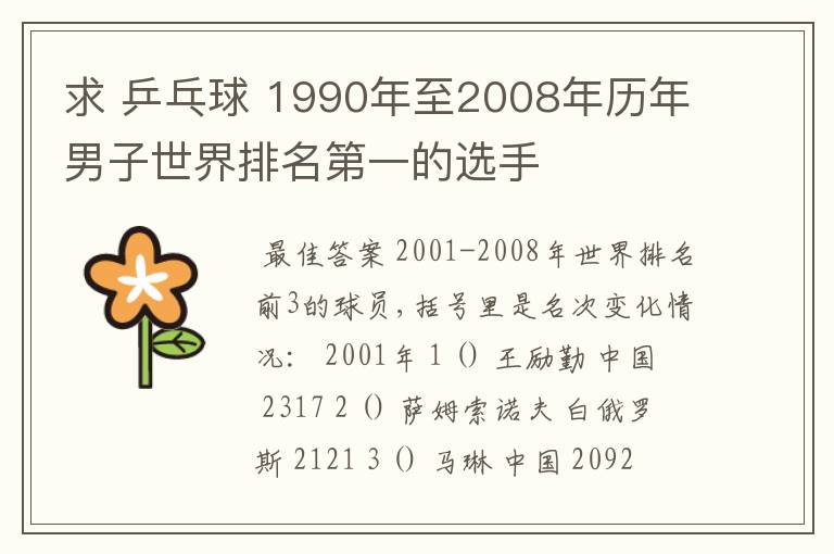 求 乒乓球 1990年至2008年历年男子世界排名第一的选手