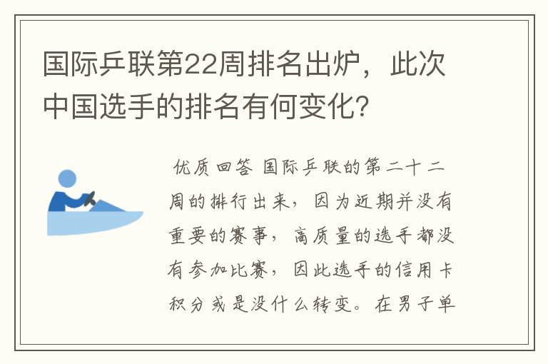 国际乒联第22周排名出炉，此次中国选手的排名有何变化？