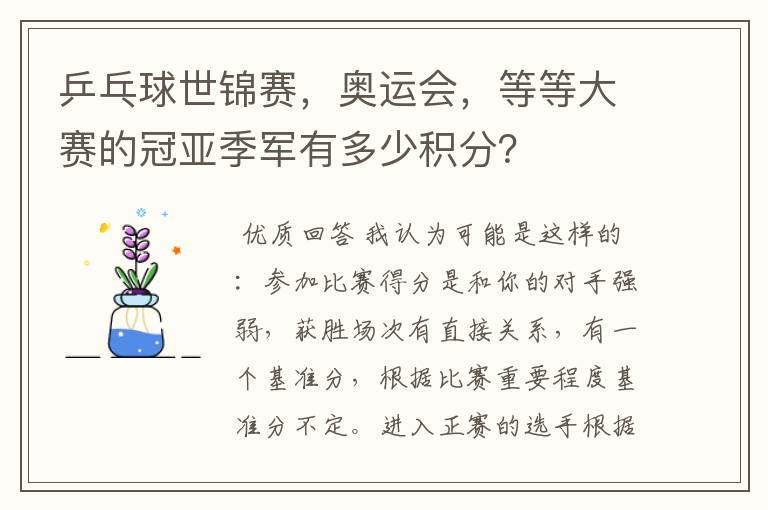 乒乓球世锦赛，奥运会，等等大赛的冠亚季军有多少积分？