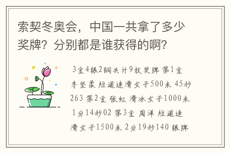 索契冬奥会，中国一共拿了多少奖牌？分别都是谁获得的啊？