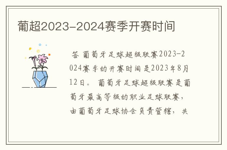 葡超2023-2024赛季开赛时间