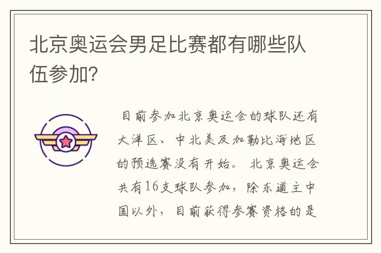 北京奥运会男足比赛都有哪些队伍参加？