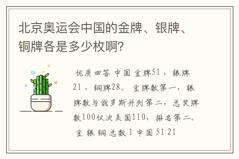 北京奥运会中国的金牌、银牌、铜牌各是多少枚啊？