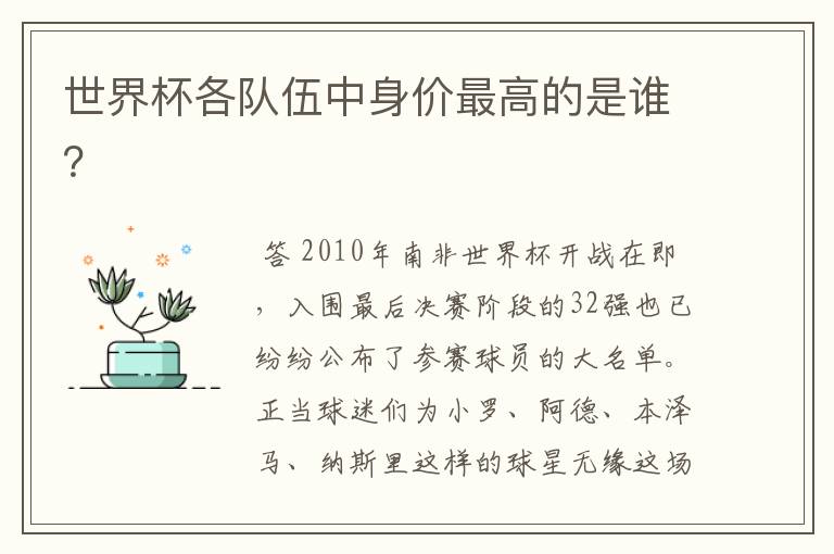 世界杯各队伍中身价最高的是谁？