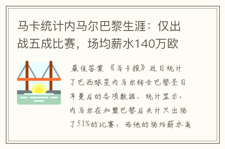 马卡统计内马尔巴黎生涯：仅出战五成比赛，场均薪水140万欧