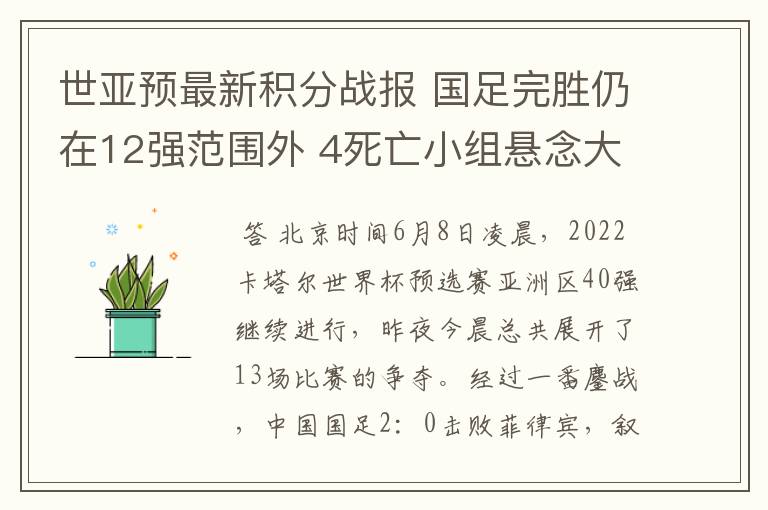 世亚预最新积分战报 国足完胜仍在12强范围外 4死亡小组悬念大