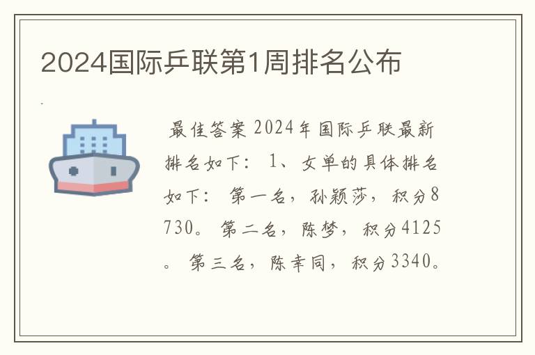 2024国际乒联第1周排名公布