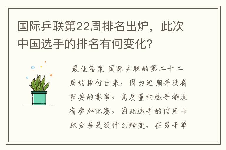 国际乒联第22周排名出炉，此次中国选手的排名有何变化？