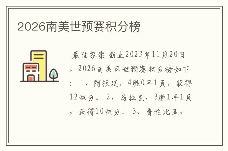 2026南美世预赛积分榜