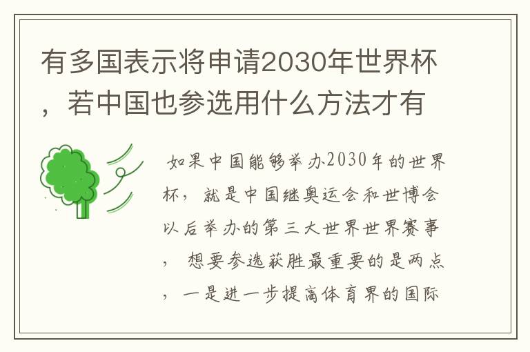 有多国表示将申请2030年世界杯，若中国也参选用什么方法才有可能获胜？