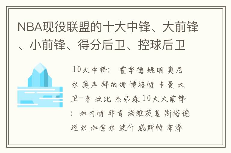 NBA现役联盟的十大中锋、大前锋、小前锋、得分后卫、控球后卫！