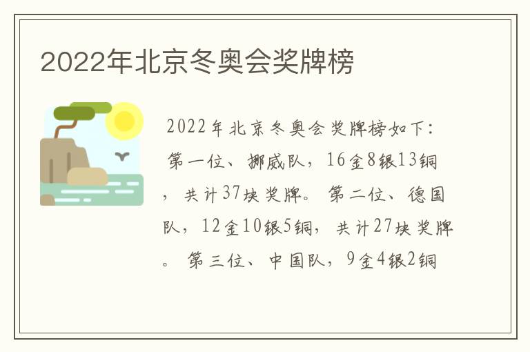 2022年北京冬奥会奖牌榜