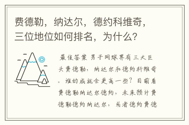 费德勒，纳达尔，德约科维奇，三位地位如何排名，为什么？