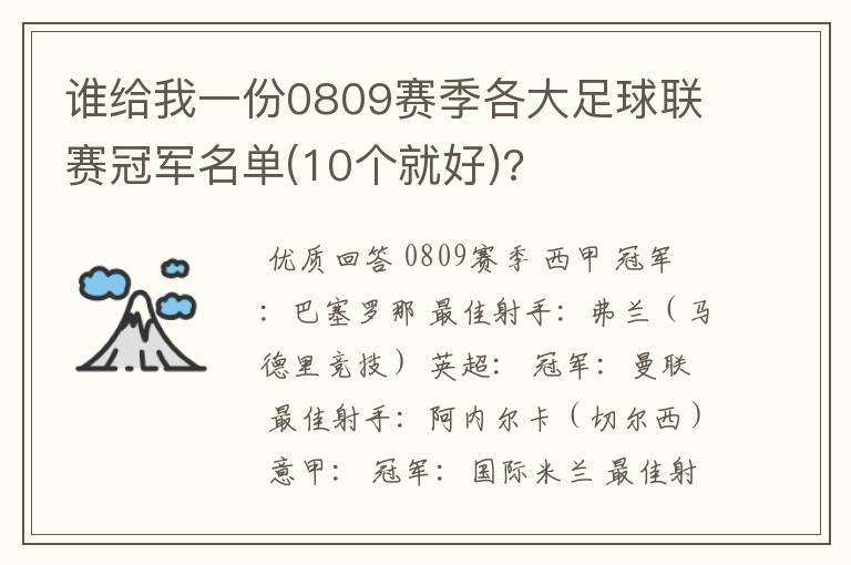 谁给我一份0809赛季各大足球联赛冠军名单(10个就好)?