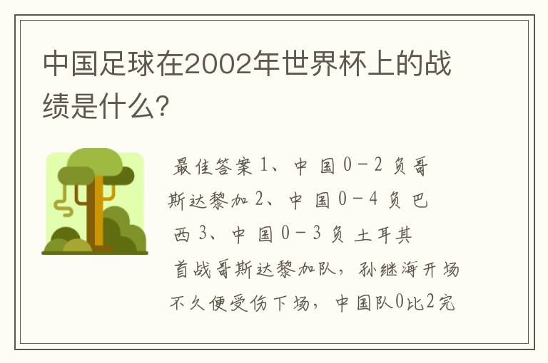 中国足球在2002年世界杯上的战绩是什么？