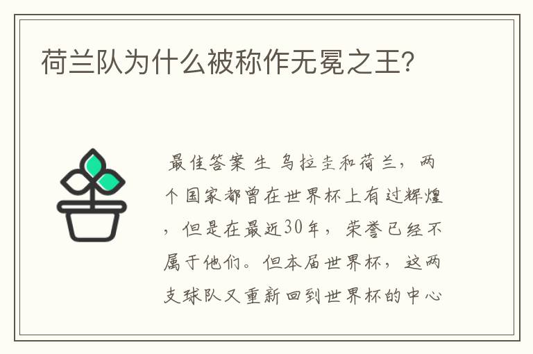 荷兰队为什么被称作无冕之王？