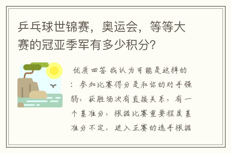 乒乓球世锦赛，奥运会，等等大赛的冠亚季军有多少积分？