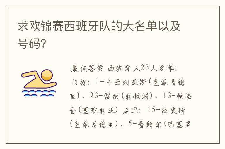 求欧锦赛西班牙队的大名单以及号码？