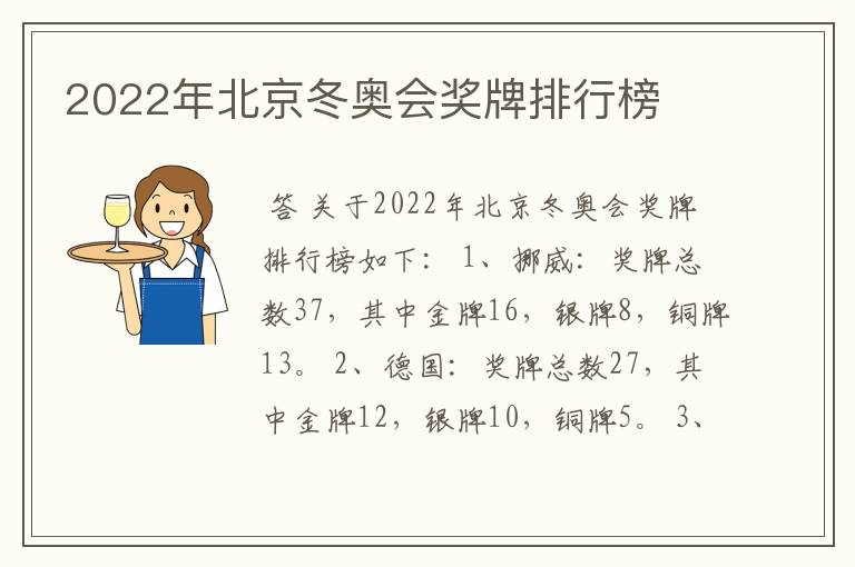 2022年北京冬奥会奖牌排行榜