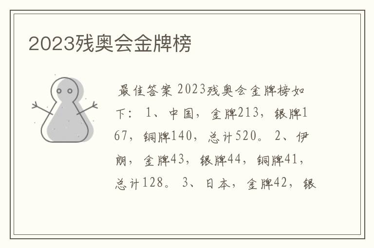 2023残奥会金牌榜