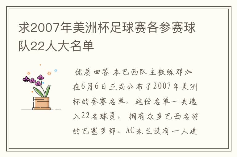 求2007年美洲杯足球赛各参赛球队22人大名单