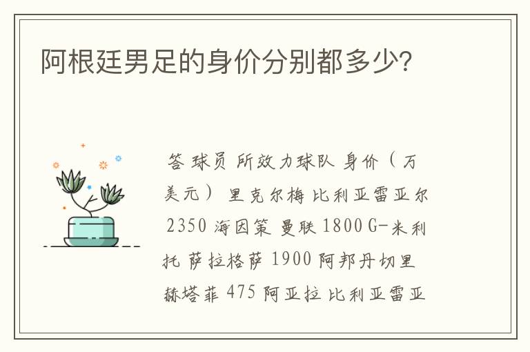 阿根廷男足的身价分别都多少？