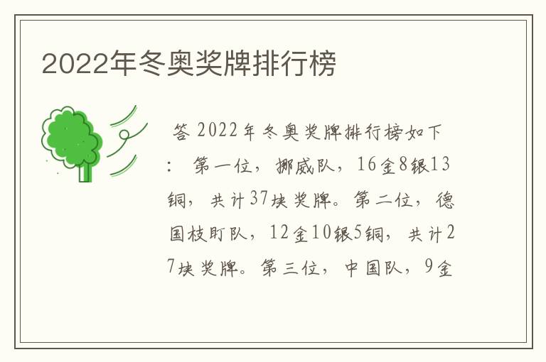 2022年冬奥奖牌排行榜