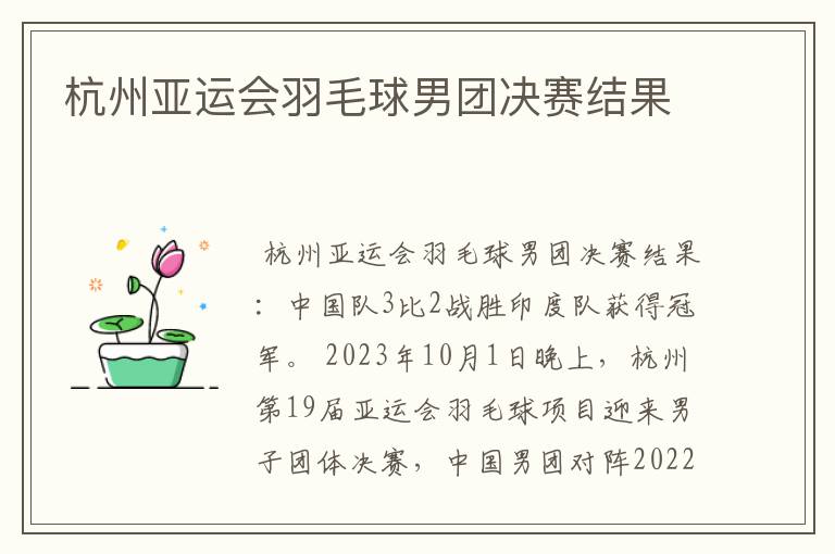 杭州亚运会羽毛球男团决赛结果