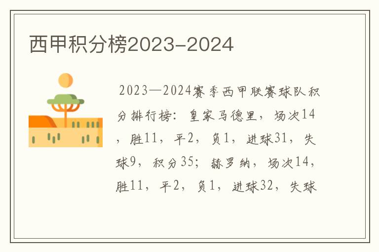 西甲积分榜2023-2024