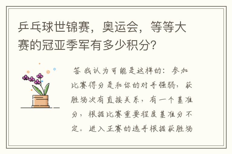 乒乓球世锦赛，奥运会，等等大赛的冠亚季军有多少积分？