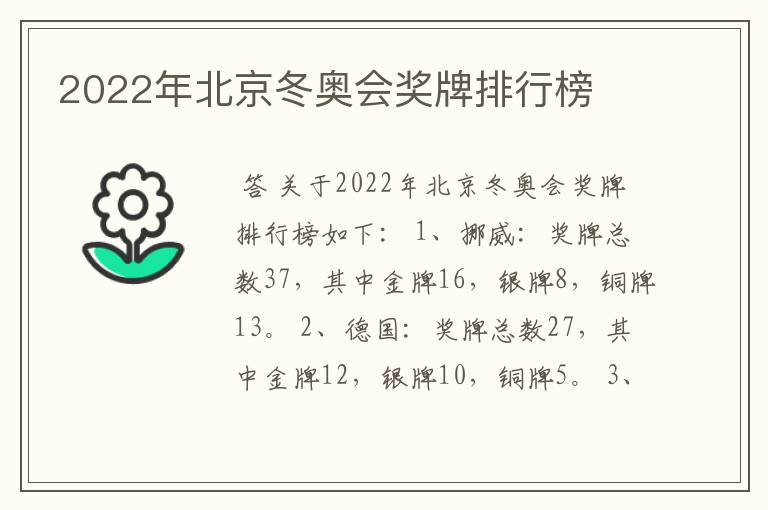 2022年北京冬奥会奖牌排行榜