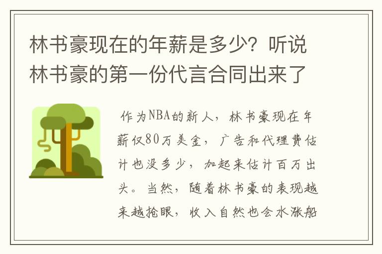 林书豪现在的年薪是多少？听说林书豪的第一份代言合同出来了有谁知道